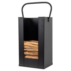 a black firewood holder with logs in it