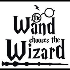 the wizard's wand is shown in black and white, with words above it