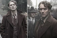 two different pictures of men in coats and ties, one is looking at the camera