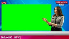 a woman is talking on the news with green screen in front of her as she holds out her hands