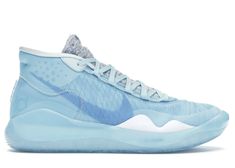 the nike zoom basketball shoe is in light blue and has white laces on it