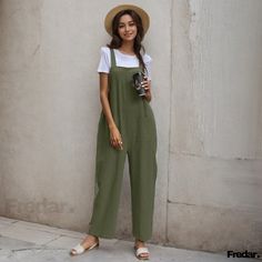 Relaxed Solid Color Sleeveless Jumpsuit with Suspenders Loose Fit Jumpsuit, Linen Overalls, Pocket Jumpsuit, Overall Jumpsuit, Loose Jumpsuit, Pastel Outfit, Green Jumpsuit, Linen Jumpsuit, Sleeveless Jumpsuits