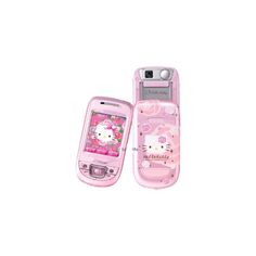 two pink hello kitty cell phones sitting next to each other