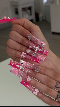 French Tip Nails Hello Kitty, Pink Extra Birthday Nails, Hello Kitty Nails With Charms, Pink Extra Nails, Dramatic Nails Designs, Long Junk Nails, Extremely Long Nails, Pink Junk Nails, Cat Eyelashes