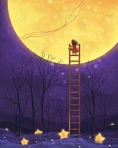 a painting of a girl on a ladder reaching up to the moon with stars in the sky