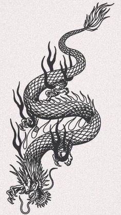 a black and white drawing of a dragon in the air with its tail curled up