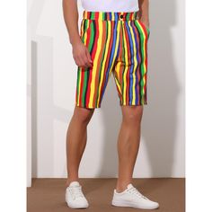 Striped shorts are a fashionable and playful piece of clothing if you want to try a unique pattern. Rainbow striped shorts are perfect for wearing in summer to create a charming image. Pair contrasting striped shorts with a rainbow-striped shirt for a casual look. Rainbow-striped shorts are suitable for daily wear, sports, parties, vacations, etc. Playful Short Swim Trunks For Spring, Playful Multicolor Summer Bottoms, Playful Multicolor Bottoms For Summer, Striped Shorts For Summer, Multicolor High-waisted Shorts For Vacation, Multicolor Bermuda Shorts For Beach, Playful Striped Bottoms For Summer, Playful Summer Shorts With Short Length, Playful Striped Summer Shorts