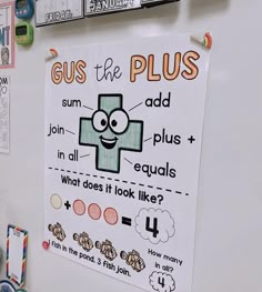 a bulletin board with the words gus the plus on it and an image of a cross