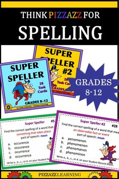 a poster with the words think pizza for spelling super seller and grade 8 - 12