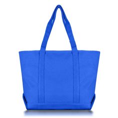 a blue tote bag on a white background with clipping for the bottom part