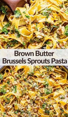 brown butter brussel sprouts pasta in a skillet with text overlay