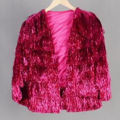 Welcome to my shop, I am in China. It will need around 20 days for international orders. Please consider the time when placing order. Quicker express DHL,Fedex,UPS available(NEED ADD SHIPPING COST). Please send us a message with any questions or deadlines before placing order! Magical tinsel fringe jacket!  Fun to wear and looks epic in the sun! Perfect for concert,wedding,birthday,party,costume event,rave and so on. This is made of double layers tinsel tassels,so it may quite heavy and not suitable for hot days. This item is made to order - and can be custom made. Not accept returns or replacement. Body Length is measure from neck point to bottom. Please carefully check each sizes: S US women's 0-4 Shoulder width: 16.5 inches(42cm) Bust width:20.5 inches(52cm) Sleeve length:20 inches(50cm Pink Statement Jacket, Luxury Pink Festive Outerwear, Tinsel Fringe Jacket, Pink Fringe Jacket, Hot Pink Feather Coat, Multicolor Fringe Winter Outerwear, Tinsel Jacket, Concert Wedding, Party Jacket