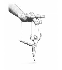 a drawing of two hands hanging on strings with one hand holding the other's string