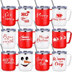 twelve red and white christmas mugs with merry lettering on the side, each one has a snowman's face