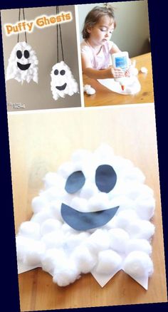 a collage of photos showing how to make puffy ghosts