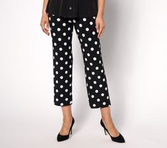 If you're looking for a trend-right pant full of spring-fresh style, this cropped cutie can't wait to be welcomed into your wardrobe. Polka dots provide extra pizzazz! From Dennis Basso. Fitted Polka Dot Casual Bottoms, Chic Polka Dot Bottoms For Spring, Chic Polka Dot Bottoms With Elastic Waistband, Chic Polka Dot Long Pants, Chic Polka Dot Trousers, Casual Polka Dot Work Pants, Polka Dot Trousers For Spring, Spring Polka Dot Trousers, Spring Polka Dot Long Pants