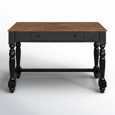 an old black desk with two drawers on one side and wooden top, against a white background