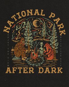 the national park after dark t - shirt is black with an image of two bears sitting around a campfire