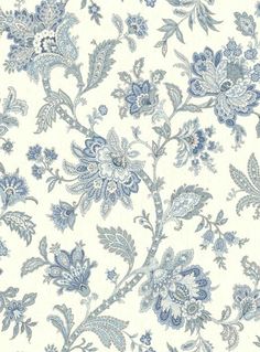 a blue and white floral wallpaper with lots of flowers on the top of it