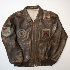 Vintage Style 80s Top Gun Military Flight Bomber Distressed - Etsy 80s Top, Jacket With Patches, Texas Dallas, Mode Editorials, Best Leather Jackets, Brown Jacket, Brown Leather Jacket