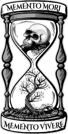 an hourglass with a skull inside and the words mementoo ver written on it