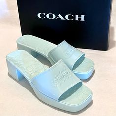 Coach Scarlett Rubber Block Heel Sandals Size 10 Sea Mist (Green/Blue) These Cute Block Heel Rubber Sandals Will Be Your Go-To-Sandal For The Warmer Months: - Rubber Material, With A Gloss Finish - Textured Coach “C” Logo Footbed - Ridge Soles - Square Toe - Single Strap With Coach Badge Logo Embossed On It - Heel Height Approximately 2.25”; Platform Approximately 1” - Color: Sea Mist (This Is A Pale Green/Blue Color) - Size Is 10 **Warning: These Are My Original Pictures And Listing And Are Not Coach Block Heel Spring Heels, Coach Block Heel Heels For Spring, Coach Sandals For Spring Formal Occasions, Coach Closed Toe Heels For Spring, Coach Summer Block Heel Shoes, Coach Summer Heels With Heel Strap, Coach Summer Block Heels, Chic Summer Heels By Coach, Coach Sandals For Summer Evenings