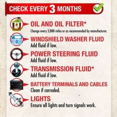 a sign with instructions on how to check every 3 months oil and oil filter, windshield washer fluid or power steering fluid