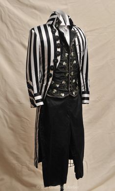 18th century style costume . Black and white stripes . Coat and waist only. More info will be added in 24 hours Male Clown Outfit, Black Men Outfits, London Black And White, Black And White Costume, Costume For Men, Clown Clothes, White Costume, White Costumes, Concept Clothing