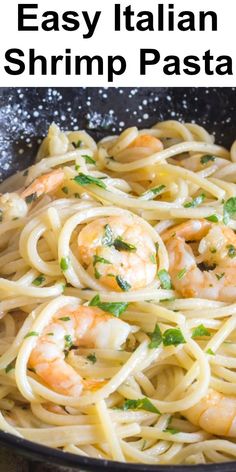 pasta with shrimp and parsley in a skillet