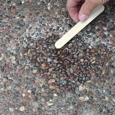 a person holding a wooden stick on top of a rock covered ground with small rocks