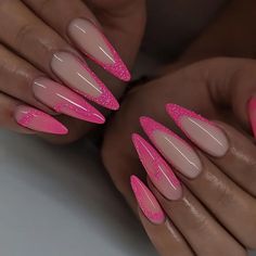 IMSOHOT Medium Press on Nails Stiletto Pink Fake Nails Glitter French Tips False Nails with Designs Glossy Glue on Nails Full Cover Almond Acrylic Nails for... Nails Glitter French, Nails Orange, Glitter French Tips, Nails Glossy, Gel Glue, Almond Acrylic Nails