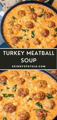 turkey meatball soup with spinach and cheese in a skillet on the side