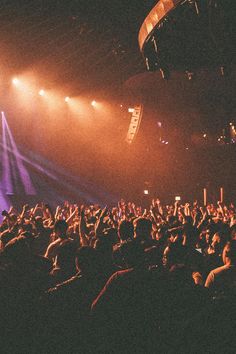 a large group of people at a concert with their hands in the air and lights on