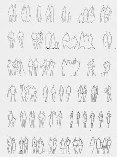 some drawings of people standing and sitting in front of each other, all drawn by hand