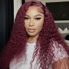 UNice 99J Colored Hand Tied Hair Line Curly Wig Pre Plucked Burgundy Wig Burgundy Lace Front Wig, Burgundy Wig, Part Wigs, Hair Color Burgundy, Real Hair Wigs, Colored Curly Hair, Burgundy Lace, Curly Wig, Real Hair