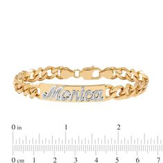 Complement your favorite casual attire with this glistening personalized identification bracelet. Fashioned in sterling silver and 14K gold plate, this shimmering look features the name of your choice - from three to eight characters in length - sculpted in a textured script font in silver atop a gold-plated center plaque. Buffed to a brilliant luster, this 7.0-inch curb chain bracelet secures with a lobster clasp. Classic Yellow Gold Nameplate Bracelet, Classic 14k Gold Custom Name Bracelet, Gold Sterling Silver Diamond Bracelet With Polished Finish, 14k Gold Name Bracelet With Engraving Option, Yellow Gold Nameplate Bracelet With Engraving Option, 14k Gold Nameplate Bracelet For Anniversary, Engravable Nameplate Bracelet In Yellow Gold, Classic Gold Name Bracelet, Customizable Yellow Gold Nameplate Bracelet