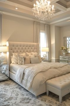 a large white bed sitting under a chandelier in a bedroom next to a window