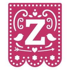 the letter z with birds and hearts is shown on a pink square shaped sticker