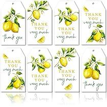 six tags with lemons and leaves on them, each have the words thank you very much