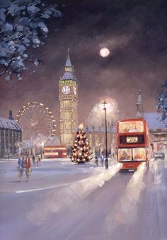 a painting of the big ben clock tower in london at christmas time with people walking around