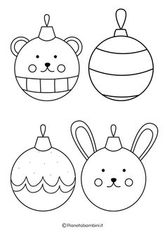 three christmas ornaments with faces drawn in the shape of an animal, bear and snowman