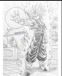 a drawing of gohan from the dragon ball game, with his fist raised in front of him