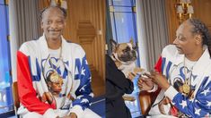 two people sitting in chairs with a dog on their lap and one person holding a small pug