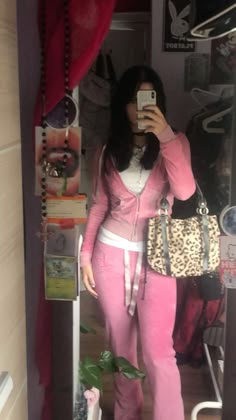 yummy Pink Tracksuit 2000s, Y2k Juicy Tracksuit, Y2k Juicy Couture Tracksuit, Pink And Cheetah Print Outfit, Early 2000s Girly Aesthetic, Juicy Couture Tracksuit Outfit Ideas, 2000s Juicy Couture Tracksuit, Juicy Couture Outfit Ideas, 2000s Trashy Outfits