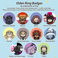 the elder ring badges are all in different colors and sizes, including one for each character