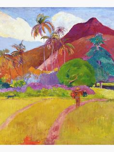 a painting of a person with an umbrella walking down a dirt road in front of palm trees