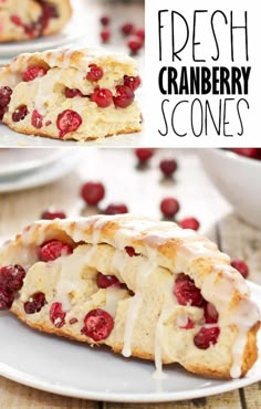 fresh cranberry scones on a white plate with the words, fresh cranberry scones