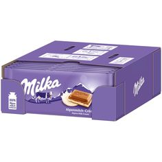 milka chocolate bar with almonds and cream filling in a purple box on a white background