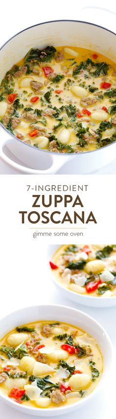 two white bowls filled with soup next to each other on top of a table and the words 7 ingredient zupa toscana