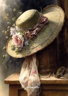 a painting of a hat on top of a wooden table next to a vase with flowers